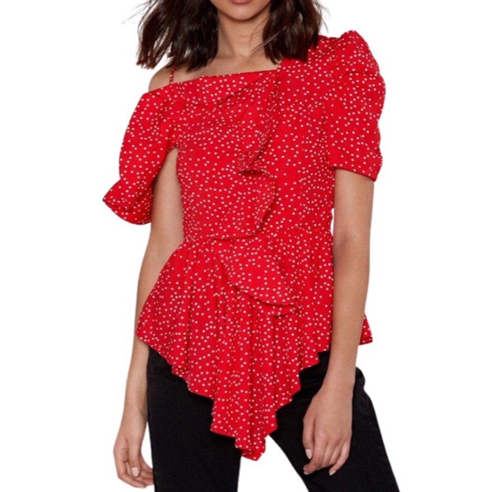 Nasty Gal Asymmetric Polka Dot Red Top